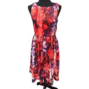 Luxe by Carmen Marc Valvo Red Abstract Floral Pleated‎ Fit Flare Dress Womens 4